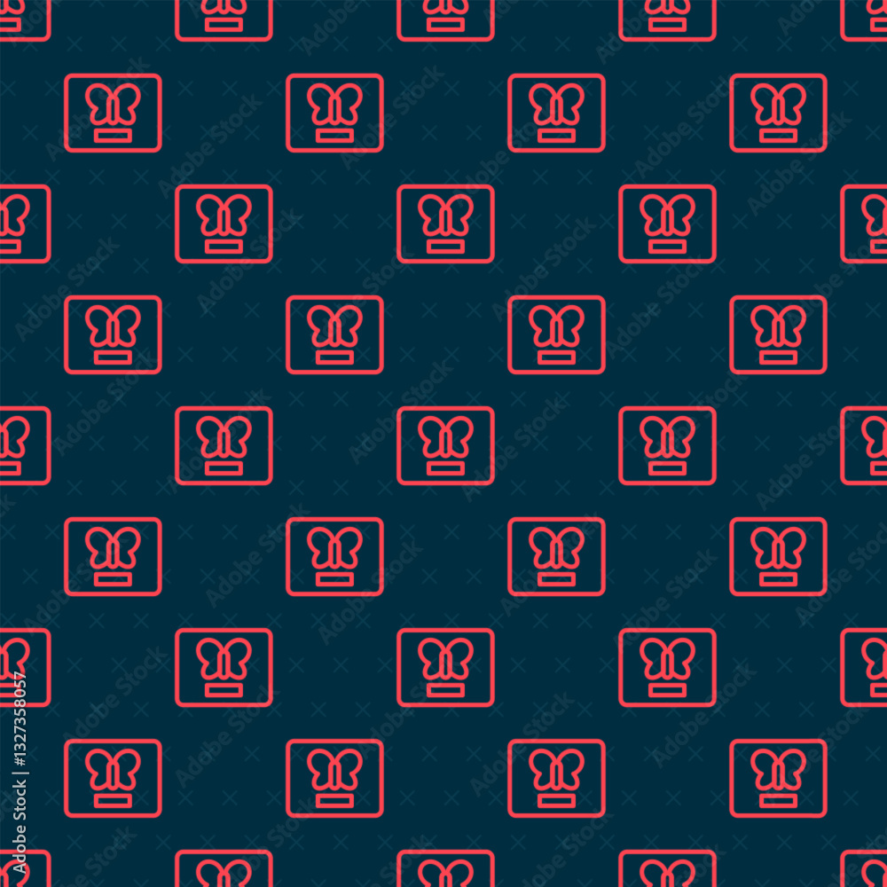 Poster red line butterfly in a frame icon isolated seamless pattern on black background. herbarium. vector