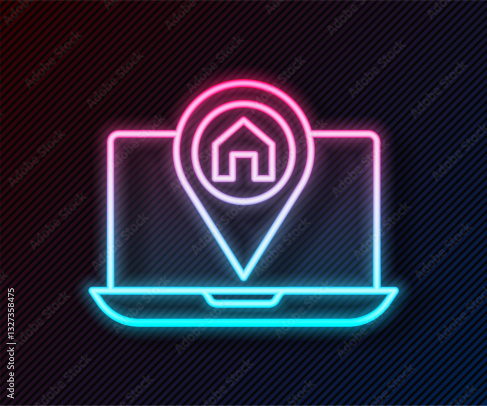 Poster glowing neon line infographic of city map navigation icon isolated on black background. laptop app i
