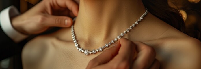 An elegant close-up of a hand fastening a shining pearl necklace around a woman's neck, showcasing luxury and romance.