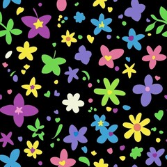 Obraz premium Colorful Flower and Heart Pattern on Black Background for Design