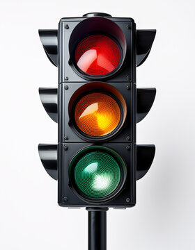 Close-up de un semaforo de trafico con luces verde roja y amarilla aislado sobre fondo blanco