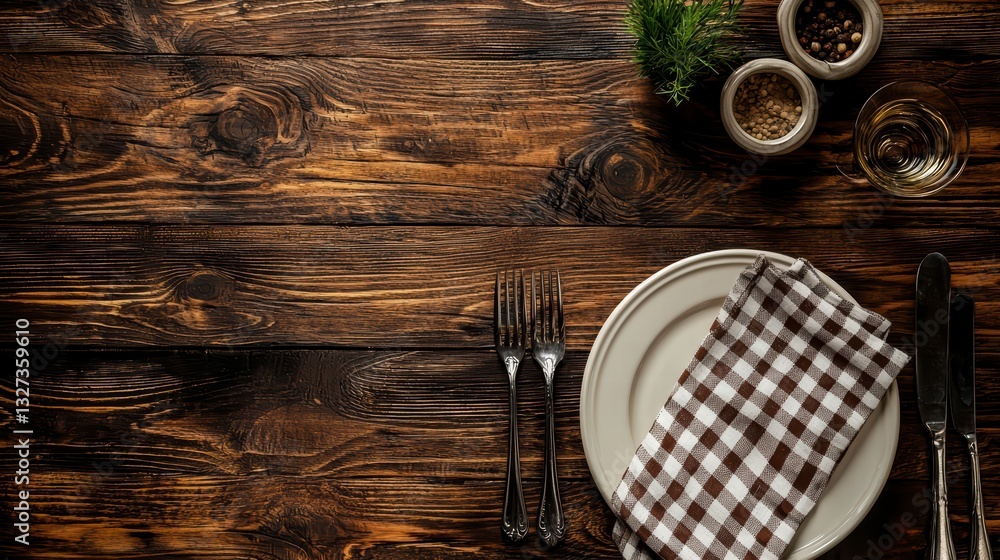 Poster table setting with rustic charm: a beautifully arranged table setting on a rustic wooden surface. th