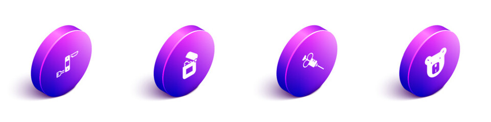 Set Isometric Swiss army knife, Lighter, Syringe and Bear head icon. Vector