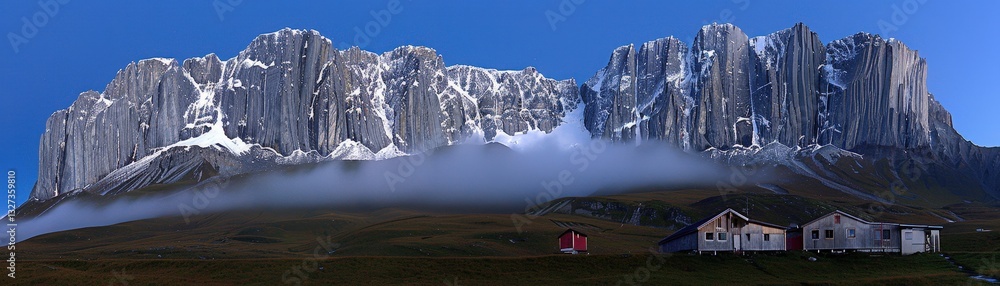 Poster a mountain range with a red building in the foreground