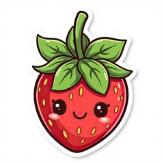 Obraz premium Cute Cartoon Strawberry Character with Smiling Face and Green Leaves