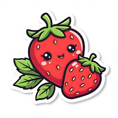 Obraz premium Cute Cartoon Strawberry Character with Smiling Face and Green Leaves