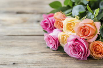 Naklejka premium Fresh splendid bouquet of pink and yellow roses on wooden table