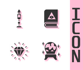 Fototapeta premium Set Magic ball, Burning candle, Diamond and Ancient magic book icon. Vector