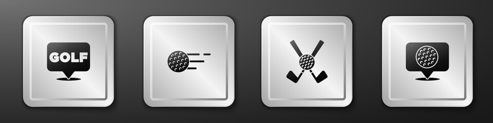 Set Golf label, ball, Crossed golf club with and icon. Silver square button. Vector