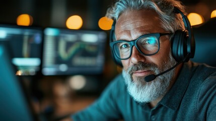 A middle-aged professional with a beard and glasses, engaged in work. The setting features multiple screens showcasing data analysis and technology interfaces.