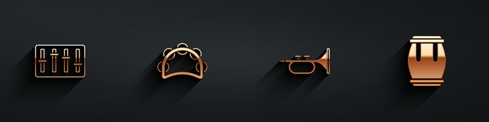 Set Sound mixer controller, Tambourine, Trumpet and Drum icon with long shadow. Vector
