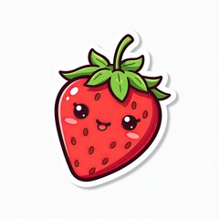 Obraz premium Cute Cartoon Strawberry Character with Smiling Face and Green Leaves