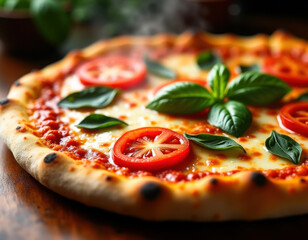 Freshly Baked Pizza Margherita with Basil and Tomatoes