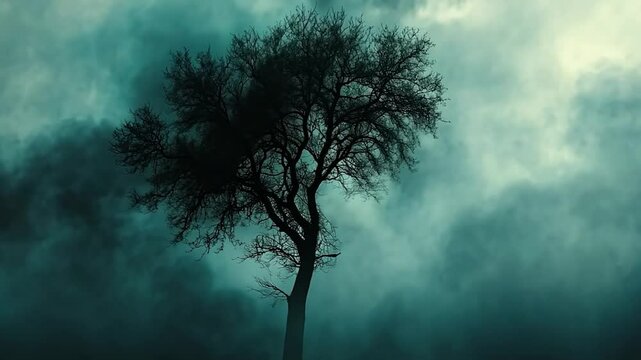 Stormy sky, lone tree silhouette, dramatic clouds, natural scenery, potential use in nature photography