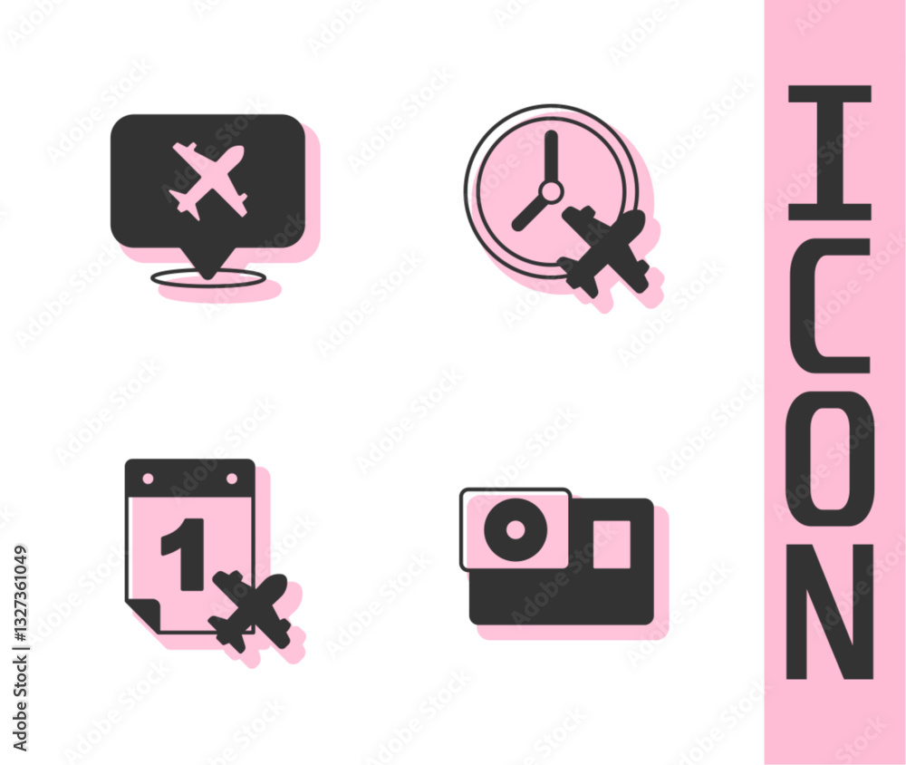 Poster set action camera, speech bubble with airplane, calendar and and clock icon. vector