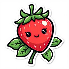 Obraz premium Cute Cartoon Strawberry Character with Smiling Face and Green Leaves