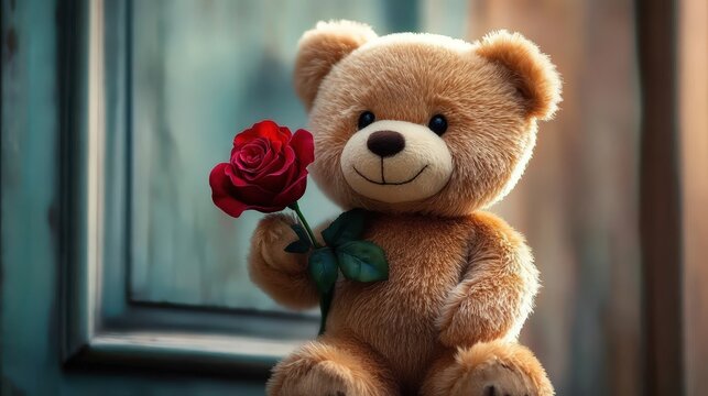 Teddy bear with a red rose. Selective focus.