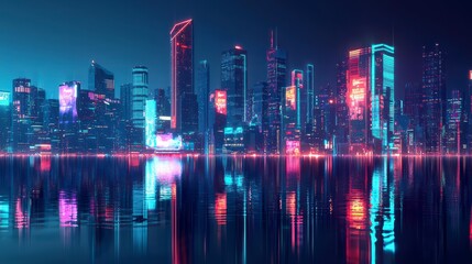 Fototapeta premium Neon Cityscape Reflection: A futuristic cityscape bathed in vibrant neon hues, with sleek skyscrapers reflecting in the tranquil waters below, creating a mesmerizing display of urban beauty.