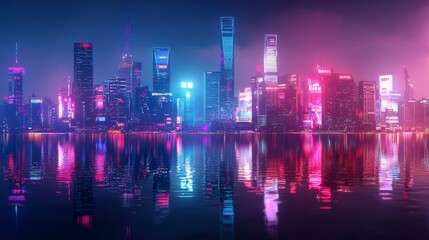 Fototapeta premium Neon Cityscape: Capturing the vibrant energy of a modern metropolis at night, with buildings adorned in vivid neon lights reflecting on the calm water surface.