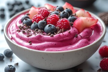 Berry smoothie bowl: vibrant pink with fresh raspberries blueberries and strawberries
