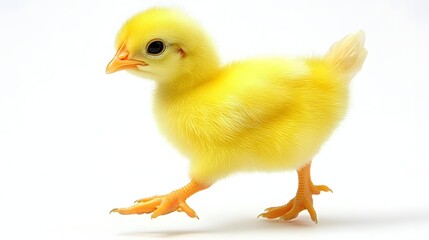 Obraz premium Sweet Yellow Chick Walking On A White Background Emitting A Playful And Innocent Vibe