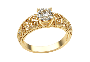 Yellow gold ring with diamond set in a white engagement solitaire style isolated on white background PNG,AI GENERATED
