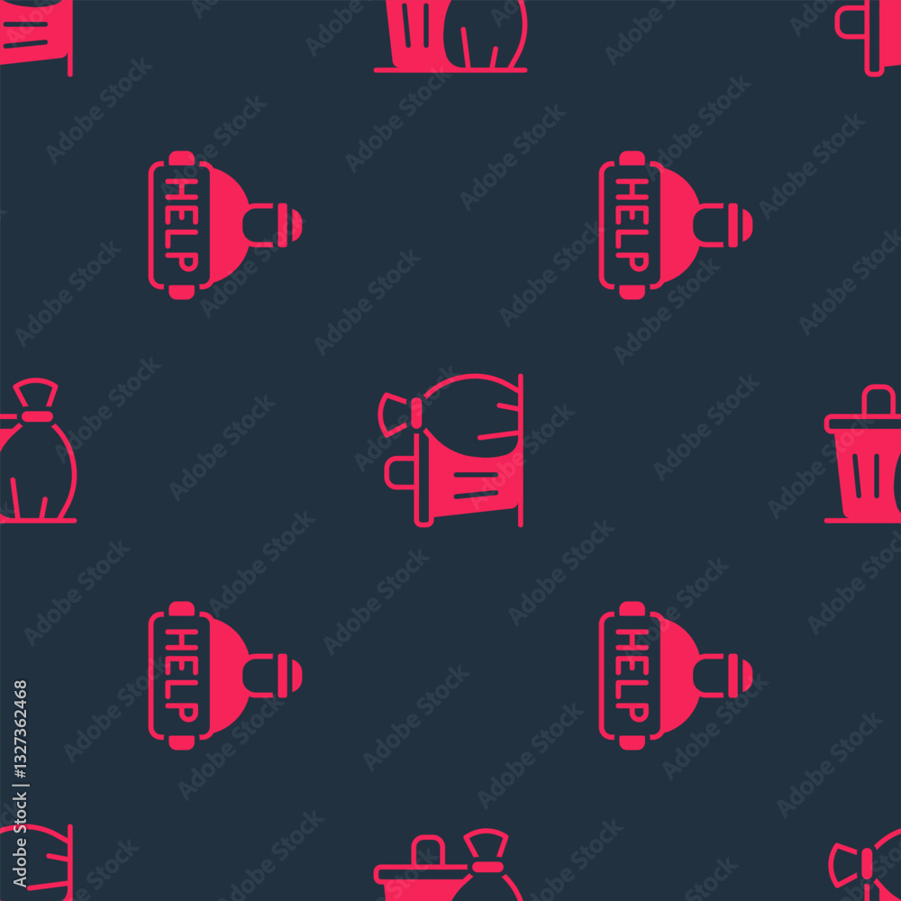 Poster set help homeless and trash can on seamless pattern. vector