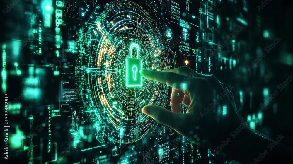 Aufkleber secured digital world: a hand interacts with a glowing digital interface, featuring a secure padlock