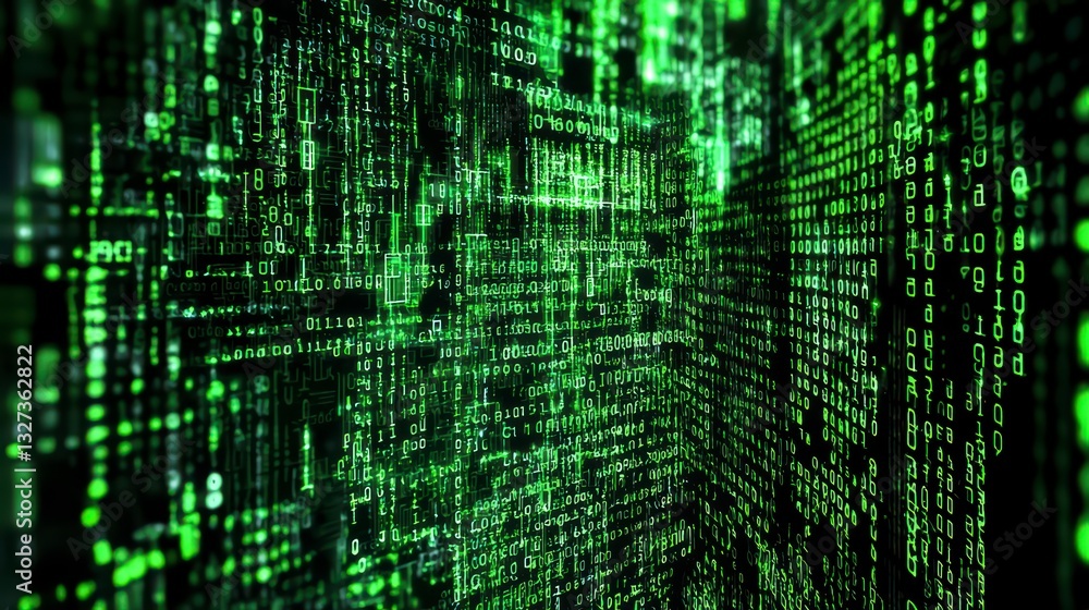Poster digital data flow: a mesmerizing digital landscape of glowing green code cascades, forming an abstra