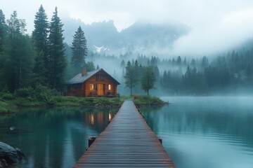 Fototapeta premium Lakeside cabin with wooden dock in a misty mountainous landscape Serene getaway