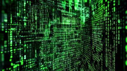 Obraz premium Digital Data Flow: A mesmerizing digital landscape of glowing green code cascades, forming an abstract representation of complex data streams and cybernetic activity.