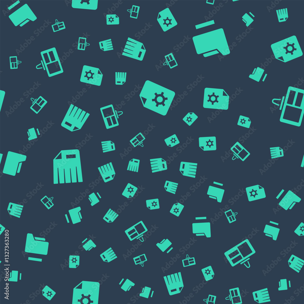 Poster set document settings, folder, paper shredder and identification badge on seamless pattern. vector