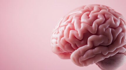 The image showcases a detailed close-up of a brain model against a soft pink background, bridging the gap between science and art with its organic shapes and textures.