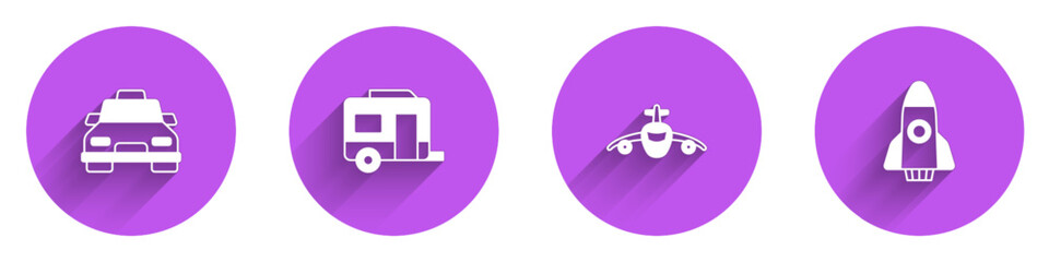 Set Taxi car, Rv Camping trailer, Plane and Rocket ship icon with long shadow. Vector