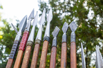 Iron spearheads of various shapes with wooden handles