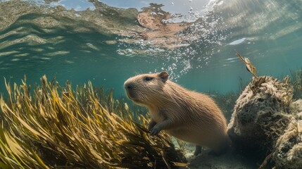 In a display of adaptability, a curious capybara is seen swimming underwater, its face partially submerged, highlighting the unique aquatic behavior of wildlife