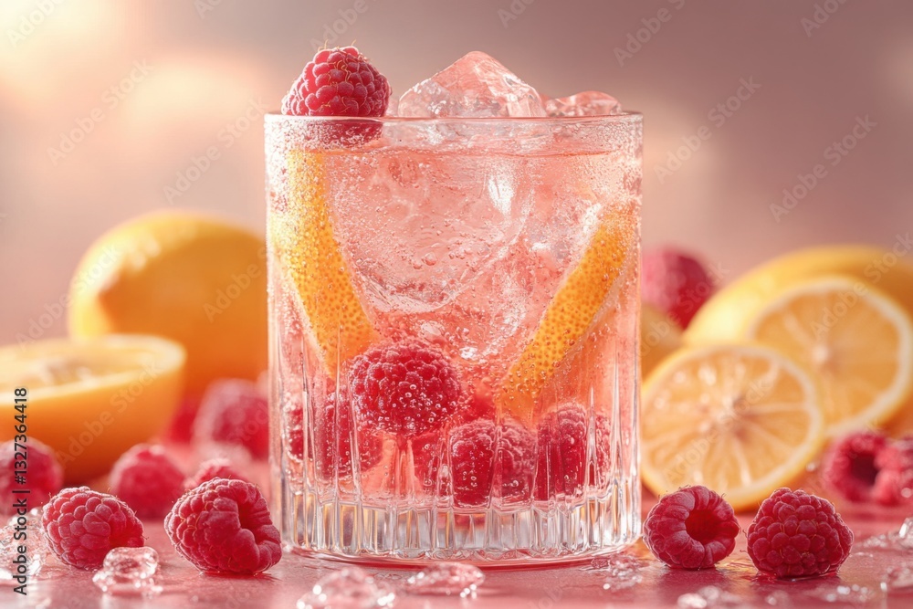Poster refreshing raspberry drink with citrus ice and sparkling bubbles served in a glass