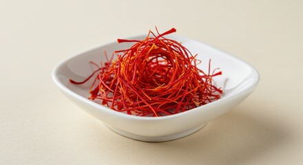 Fototapeta premium Serving of Red Saffron Threads in a White Ceramic Bowl