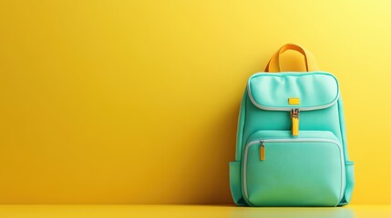 This aqua backpack with golden accents against a sunny yellow background gives a fresh and lively feel, symbolizing positivity and a cheerful outlook on life.