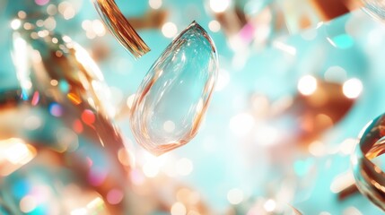 This artistic representation of shimmering liquid shapes floating in a vibrant background creates a stunning visual that symbolizes fluidity, beauty, and creative expression in modern design.