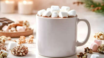 A white mug filled with hot chocolate topped with marshmallows, surrounded by snacks like popcorn and chocolate treats. Concept Hot Chocolate Delight, Cozy Snack Setup, Marshmallow Toppings