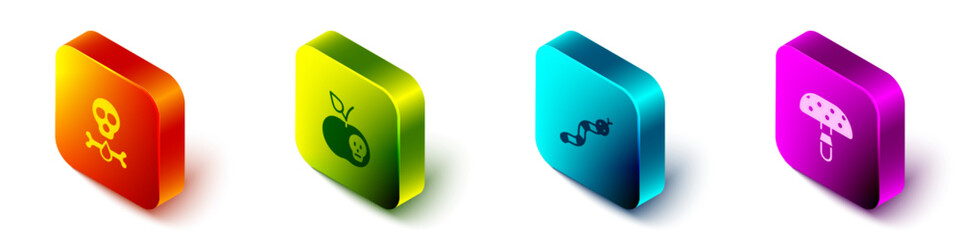 Set Isometric Bones and skull, Poison apple, Snake and Fly agaric mushroom icon. Vector