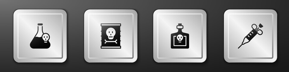 Set Beaker with toxic liquid, Radioactive waste in barrel, Bottle potion and Syringe icon. Silver square button. Vector