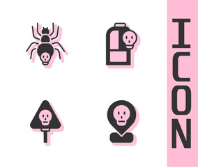 Set Radioactive in location, Poisonous spider, Bones and skull and Beaker with toxic liquid icon. Vector