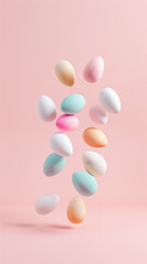 Levitating Easter chicken eggs on a pink background. Easter background. 