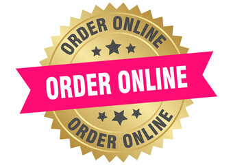 order online. order online round pink and gold label isolated on transparent background