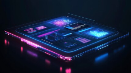 Futuristic Tech: A sleek, cutting-edge tablet glows with vibrant, neon-lit interfaces, showcasing digital data and interconnected information against a dark, mysterious backdrop.
