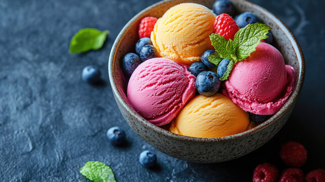 Variety of delicious colorful fruit ice-cream scoops in the bowl  - Powered by Adobe