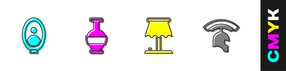 Set Portrait picture in museum, Ancient amphorae, Table lamp and Roman army helmet icon. Vector