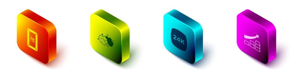 Set Isometric Gold bars 24k, nugget, and Growth arrow with gold icon. Vector